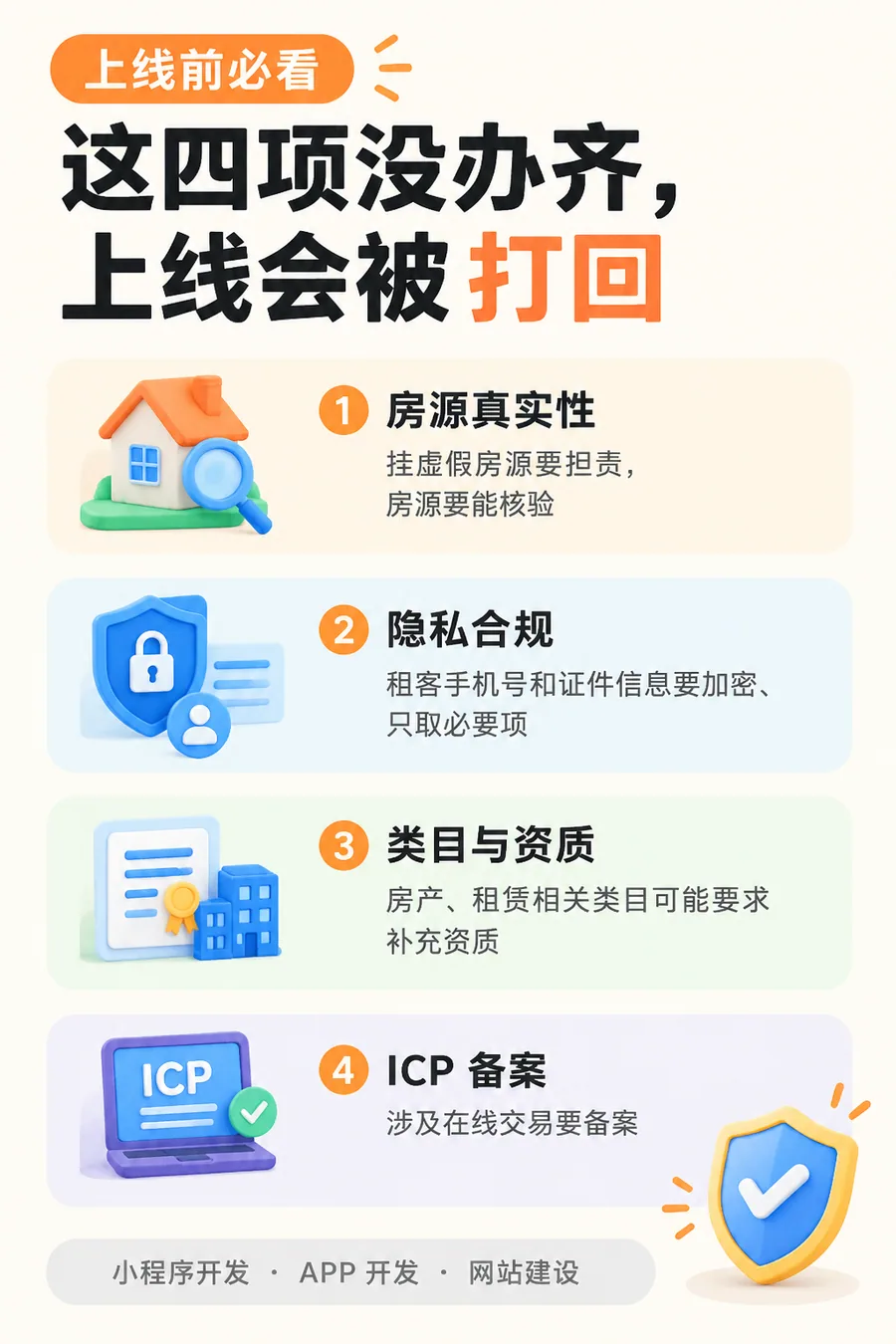上线前必看四项:房源真实性、隐私合规、类目与资质、ICP 备案