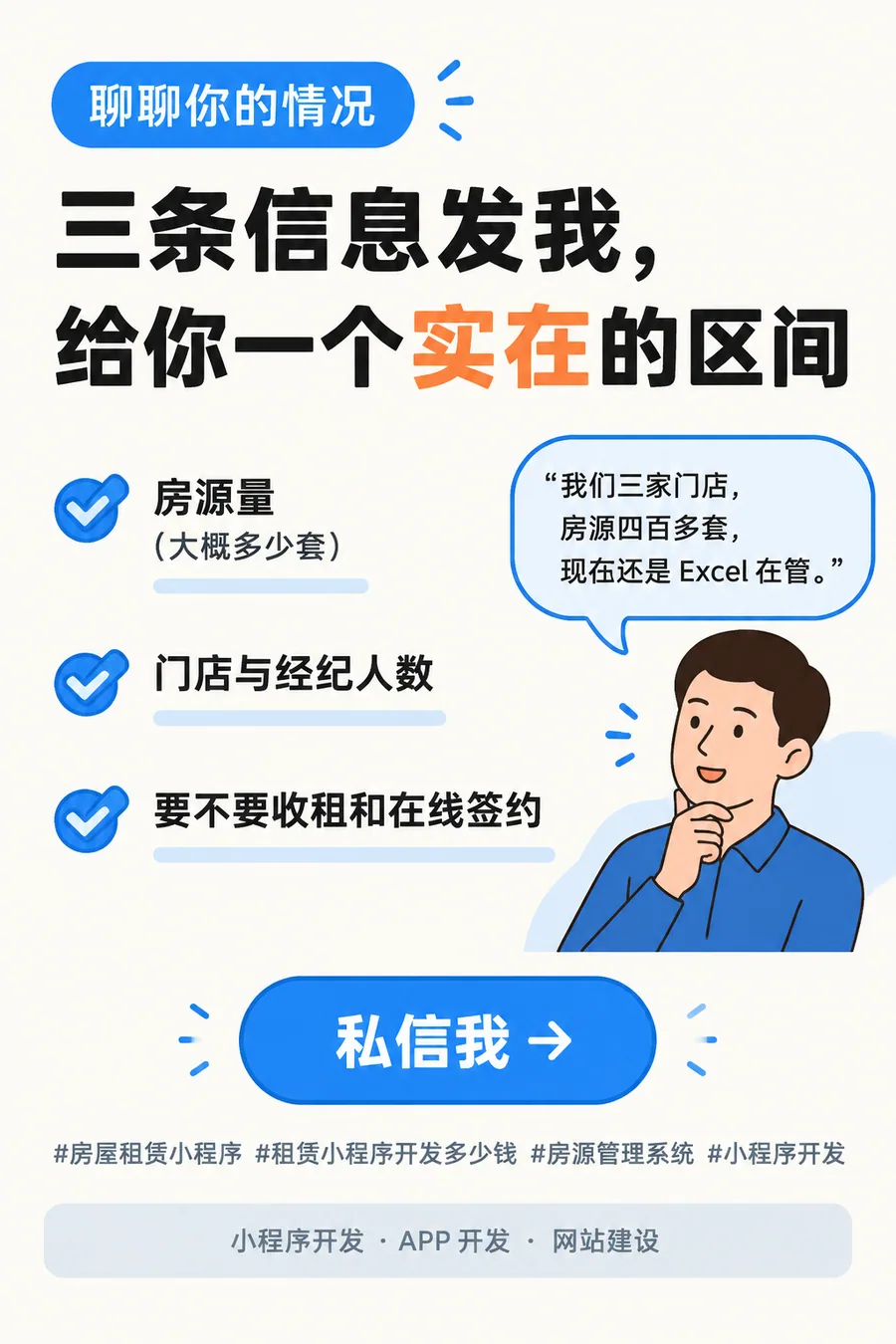 把房源量、门店与经纪人数、要不要收租和在线签约三条信息发我,给一个实在的价格区间